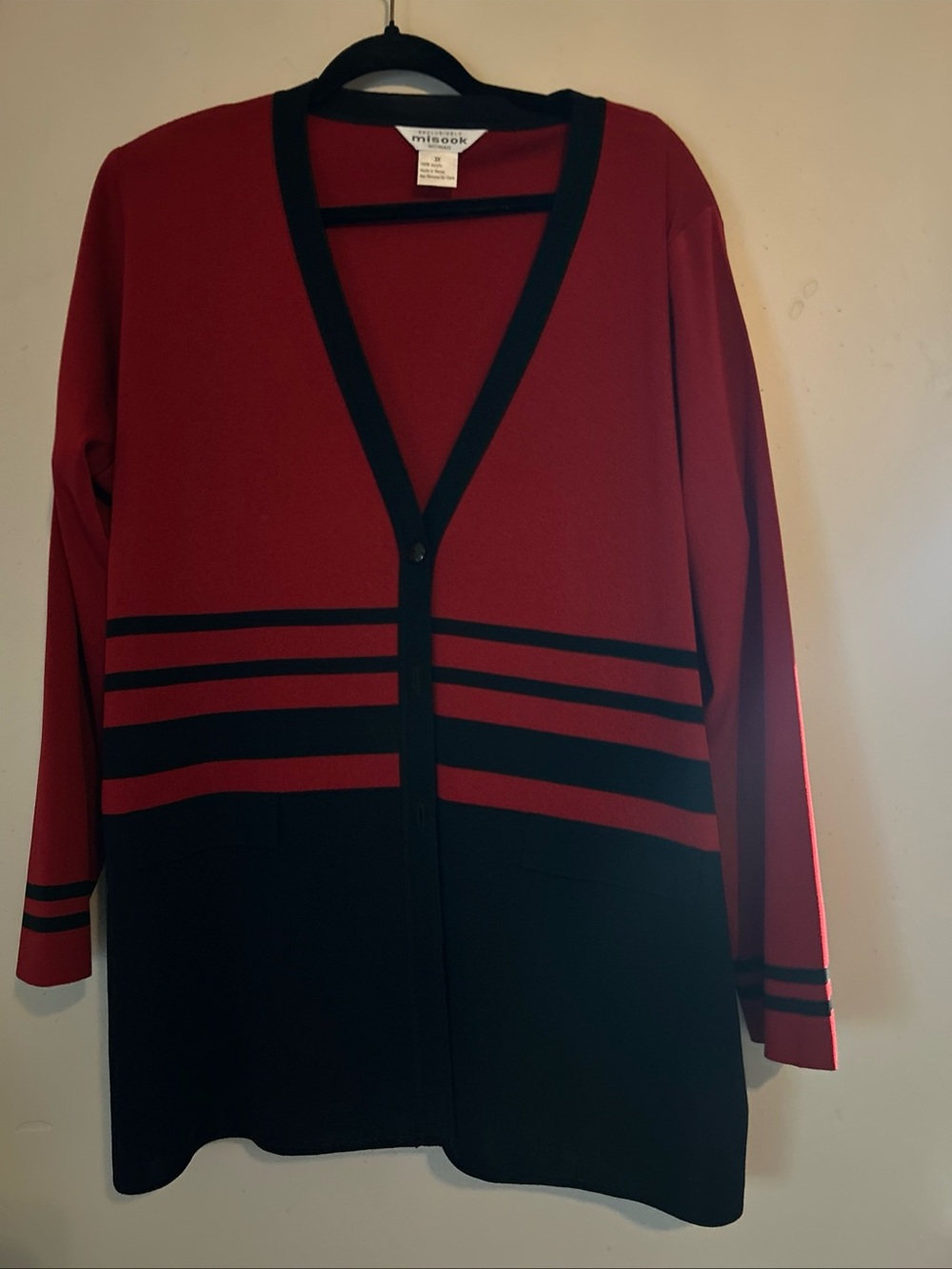 Exclusively Misook Women Red Black Acrylic Long Sleeve Cardigan 3X